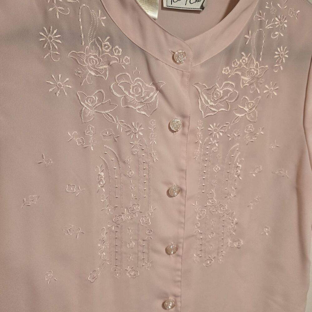 True Vintage 80s Blouse Womens 8 Embroidered Button Up Secretary Short Sleeve - Picture 2 of 9